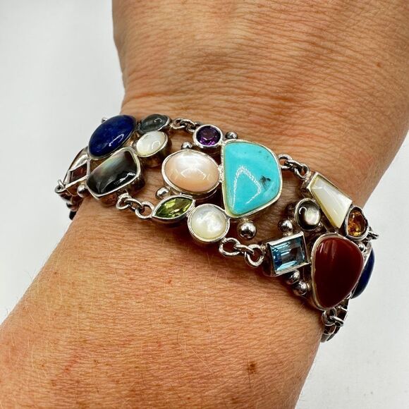 7.5" Mult-gemstone and shell stamped sterling silver bracelet! - Picture 6 of 14